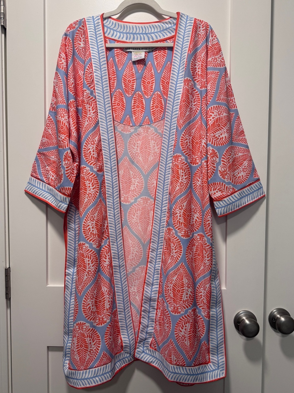 Gretchen Scott Coral & Sky Blue Printed Duster Kimono Jacket Indian Summer M/L - Picture 3 of 7